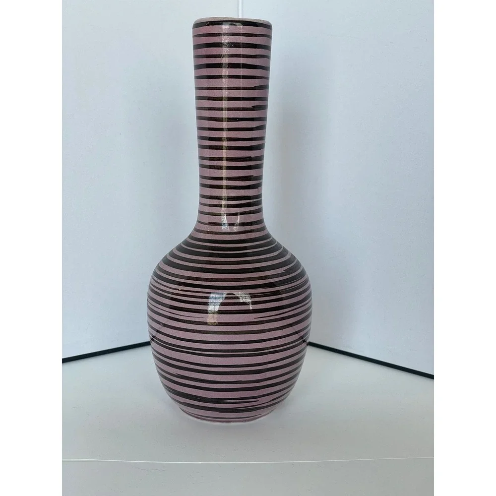 Vintage Mid-Century Pink & Black Striped Art Glass Bud Vase, Tall Bottle Neck